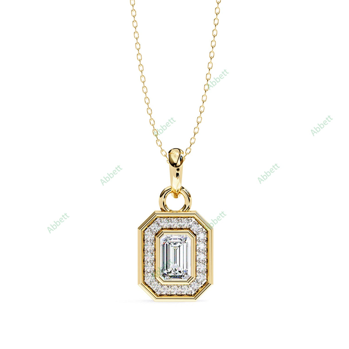 Emerald lab-grown diamond halo pendant necklace with 0.76ct centre stone - PE1258
