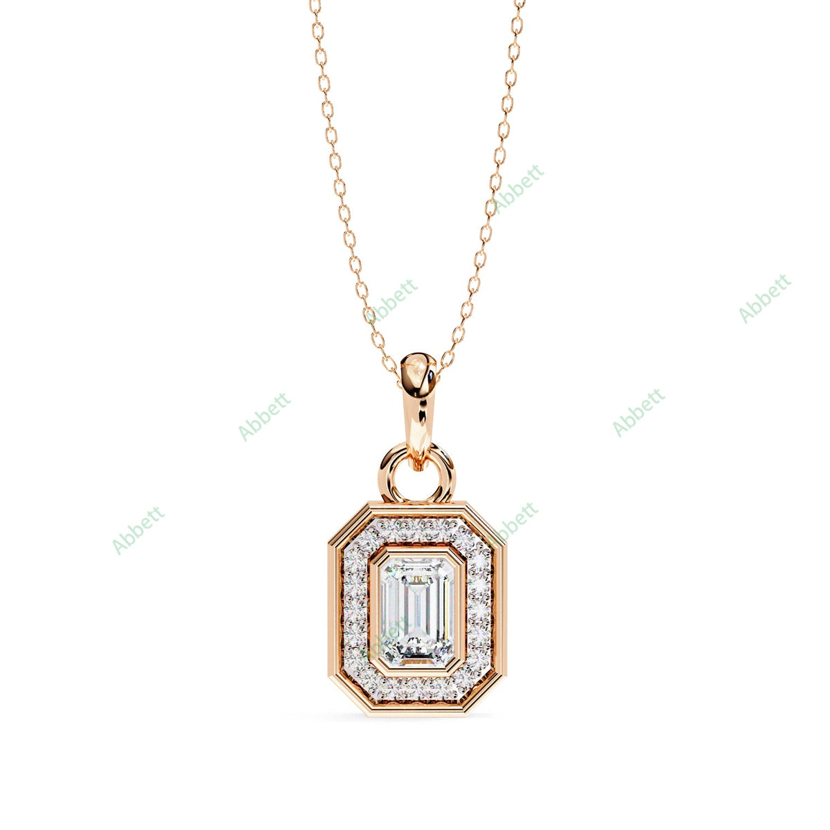 Emerald lab-grown diamond halo pendant necklace with 0.76ct centre stone - PE1258