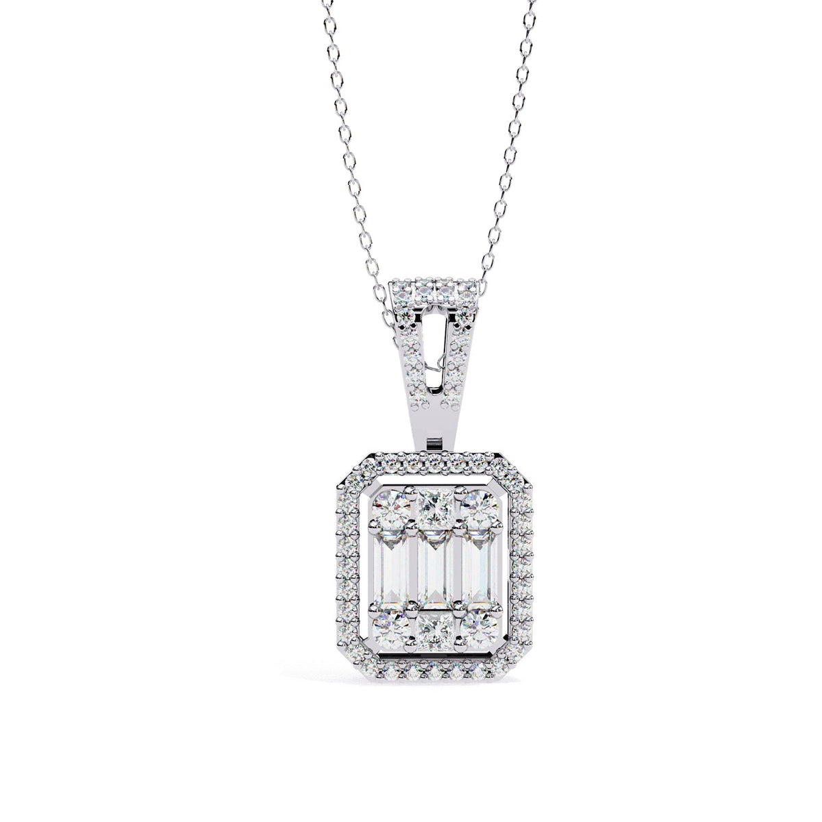 Round baguette lab-grown diamond halo pendant necklace - PE1267