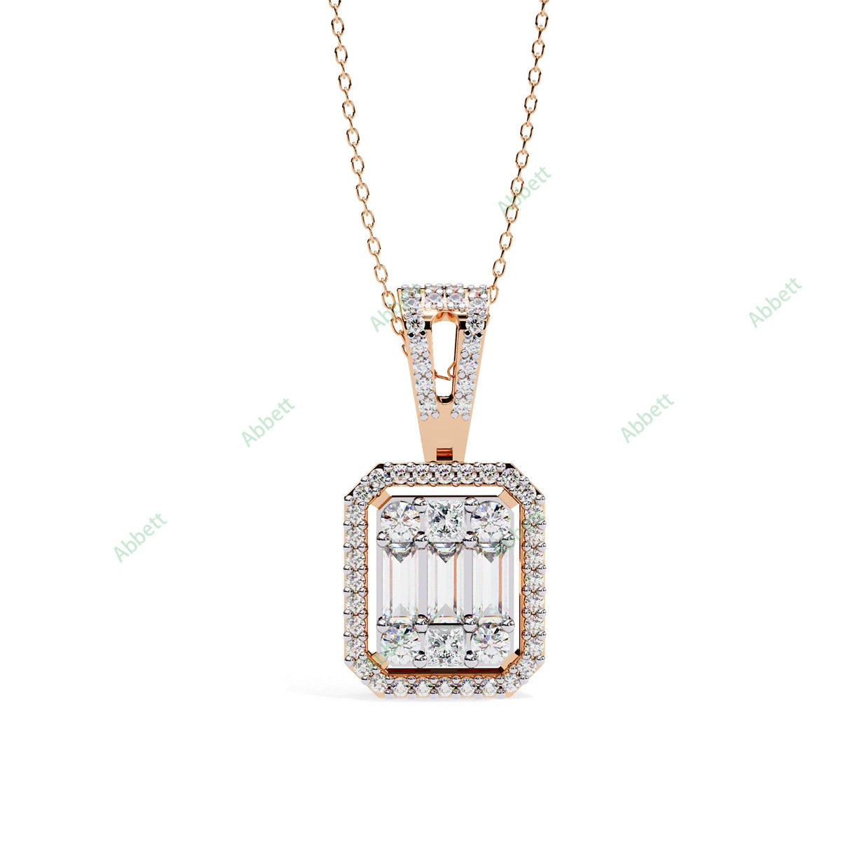 Round baguette lab-grown diamond halo pendant necklace - PE1267
