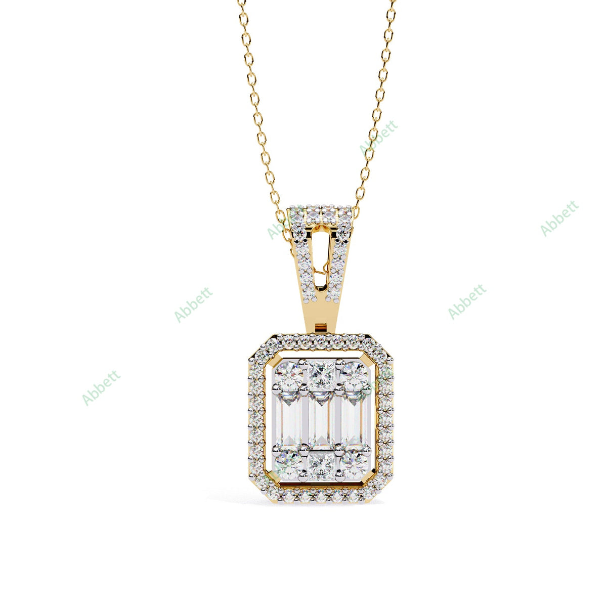 Round baguette lab-grown diamond halo pendant necklace - PE1267