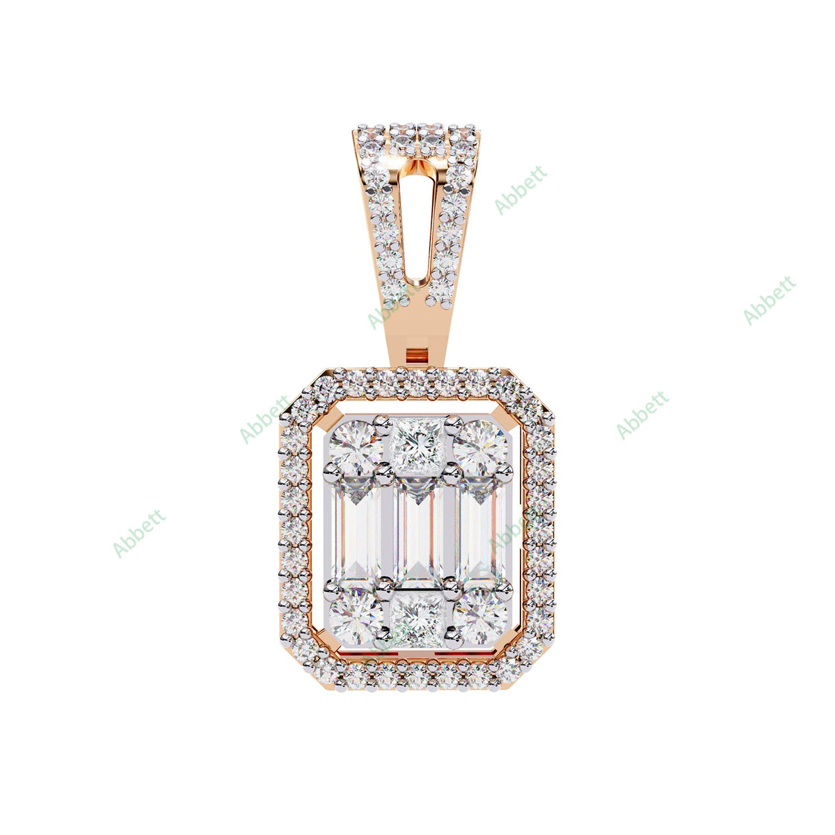 Round baguette lab-grown diamond halo pendant necklace - PE1267