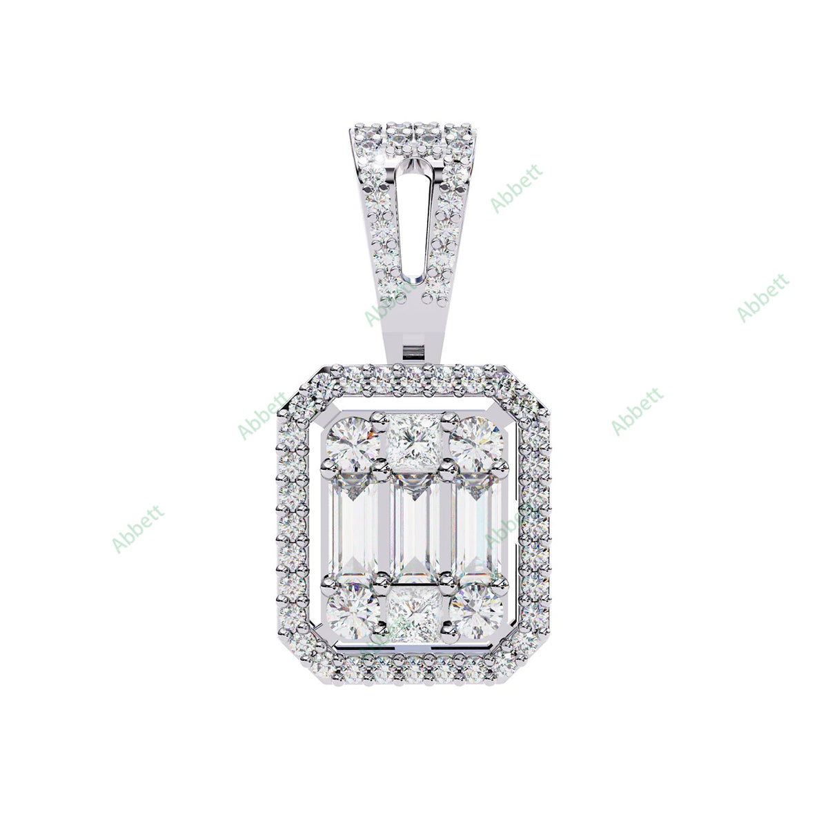 Round baguette lab-grown diamond halo pendant necklace - PE1267
