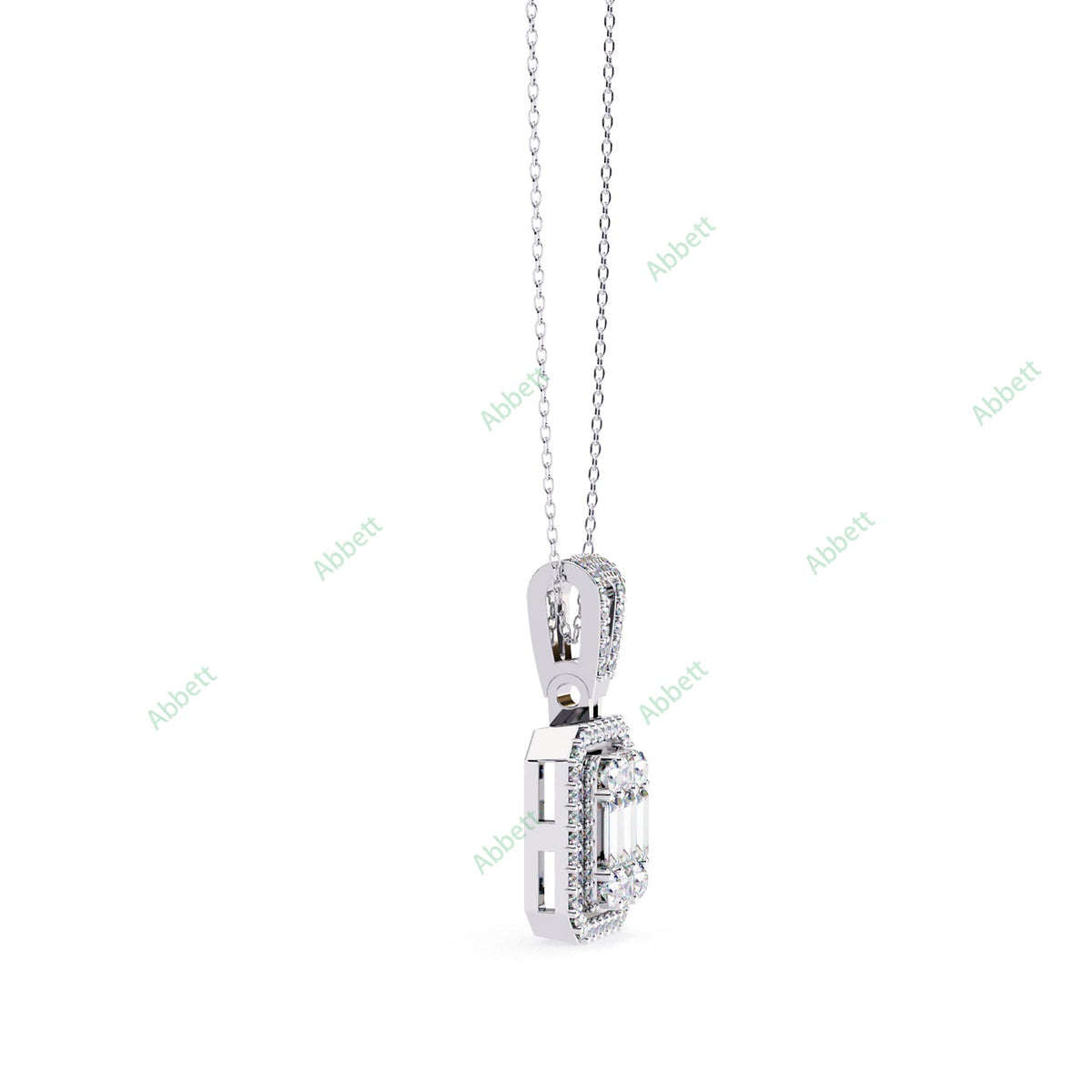 Round baguette lab-grown diamond halo pendant necklace - PE1267