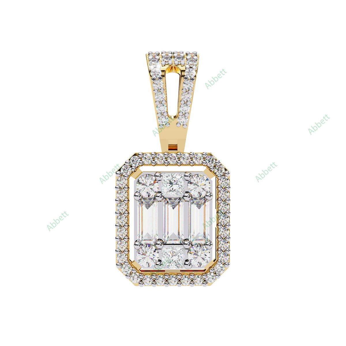 Round baguette lab-grown diamond halo pendant necklace - PE1267