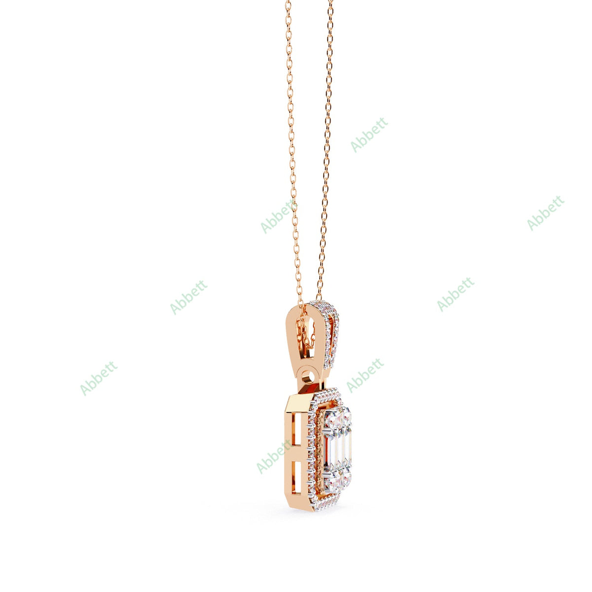 Round baguette lab-grown diamond halo pendant necklace - PE1267