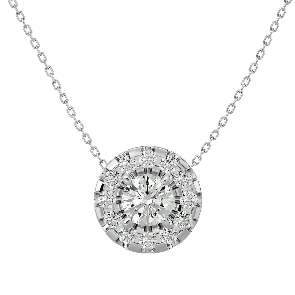 Round lab-grown diamond halo pendant necklace in gold and platinum - PEHA040