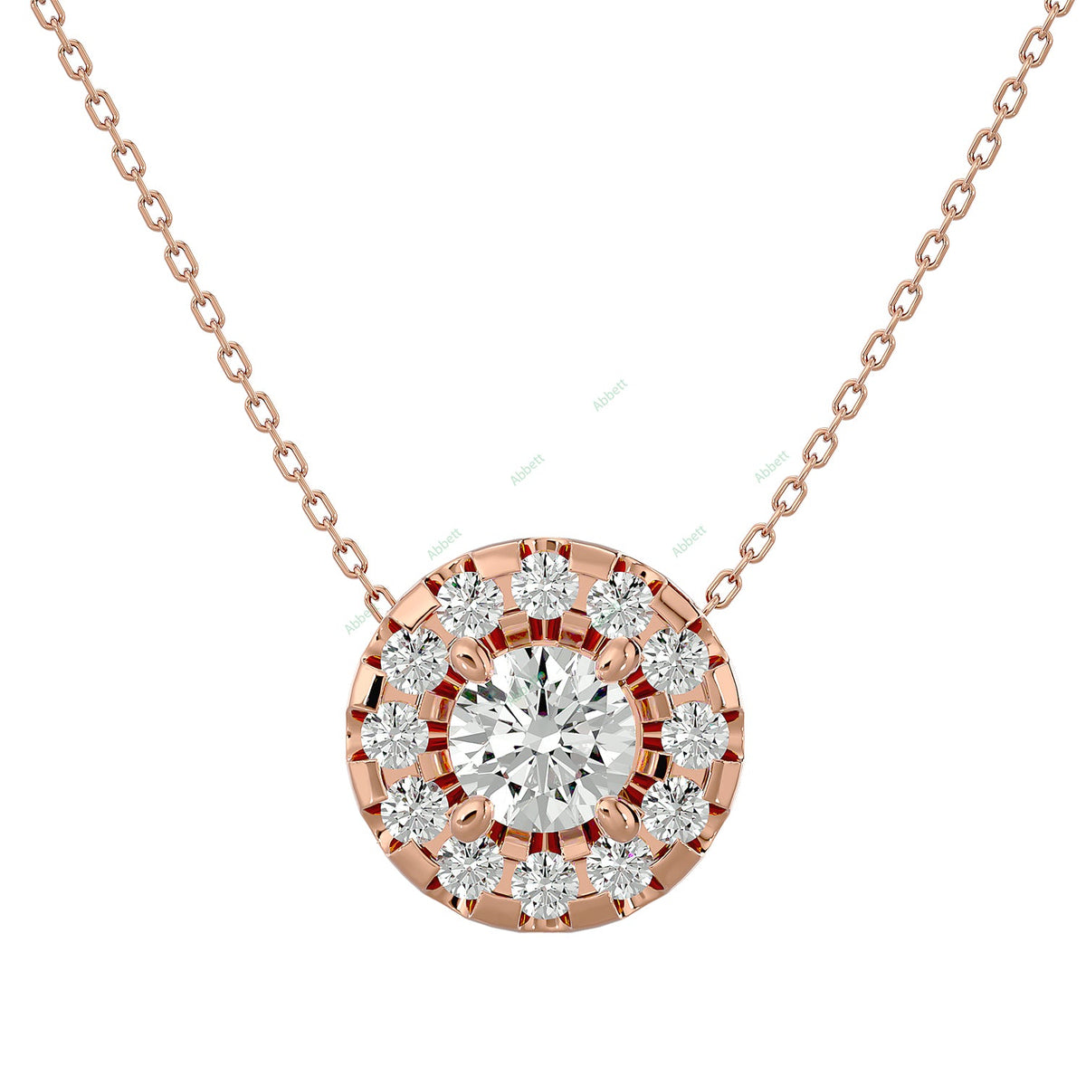 Round lab-grown diamond halo pendant necklace in gold and platinum - PEHA040