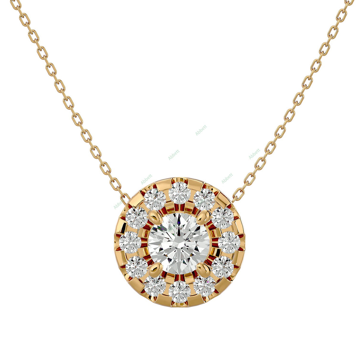Round lab-grown diamond halo pendant necklace in gold and platinum - PEHA040
