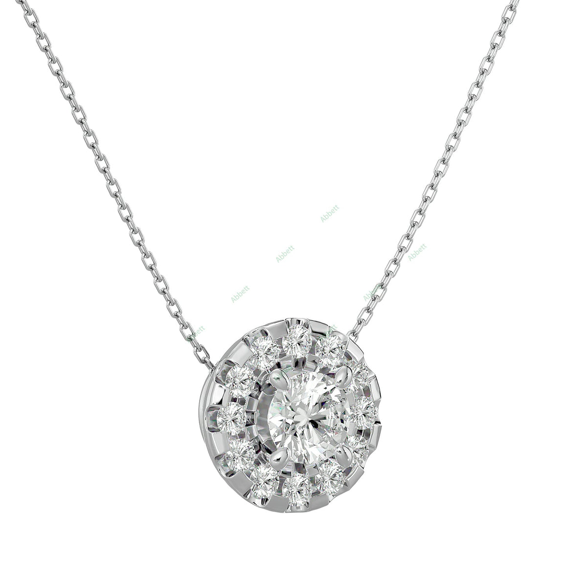 Round lab-grown diamond halo pendant necklace in gold and platinum - PEHA040