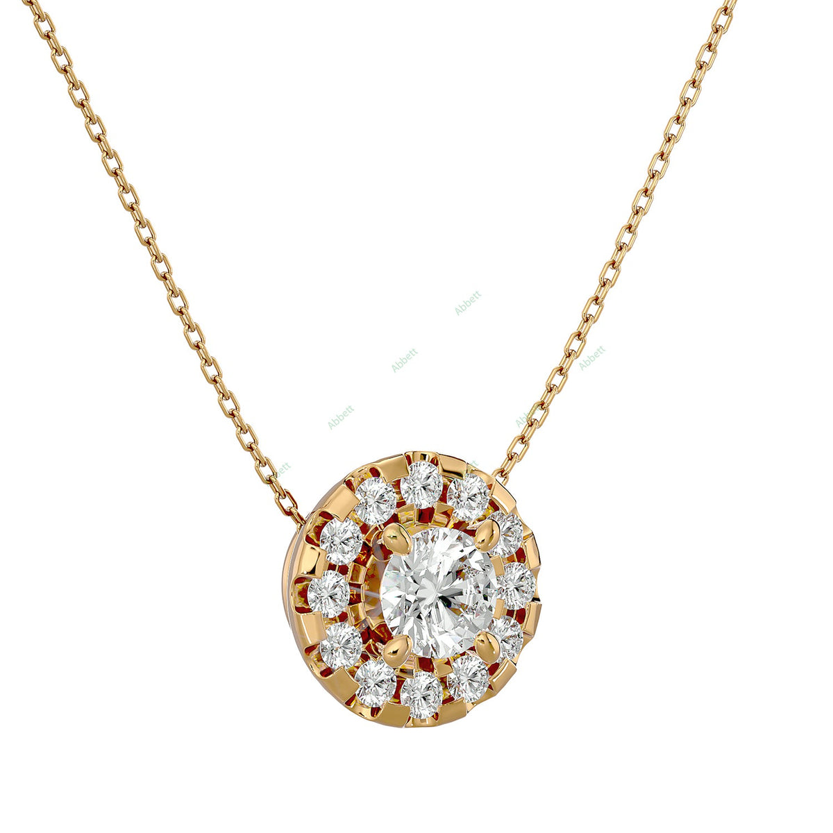 Round lab-grown diamond halo pendant necklace in gold and platinum - PEHA040