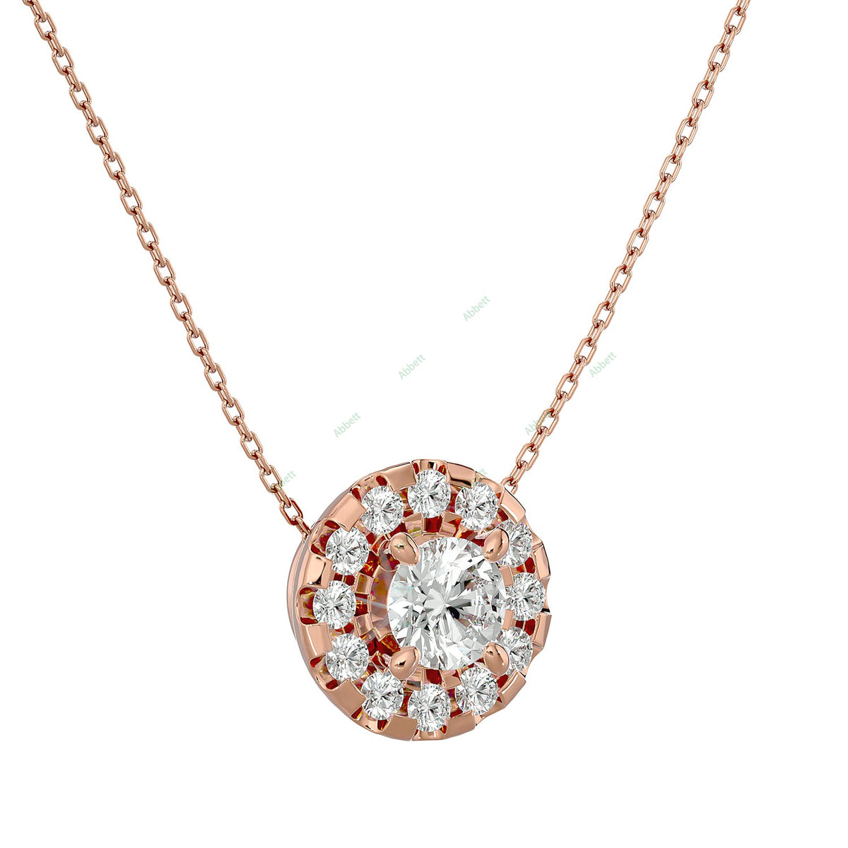 Round lab-grown diamond halo pendant necklace in gold and platinum - PEHA040