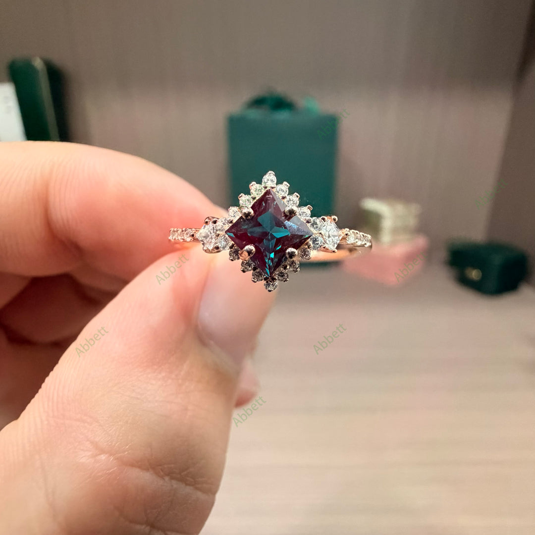 Princess Cut Lab Alexandrite Ring | 0.8ct Geometric Square Diamond Halo Engagement Ring