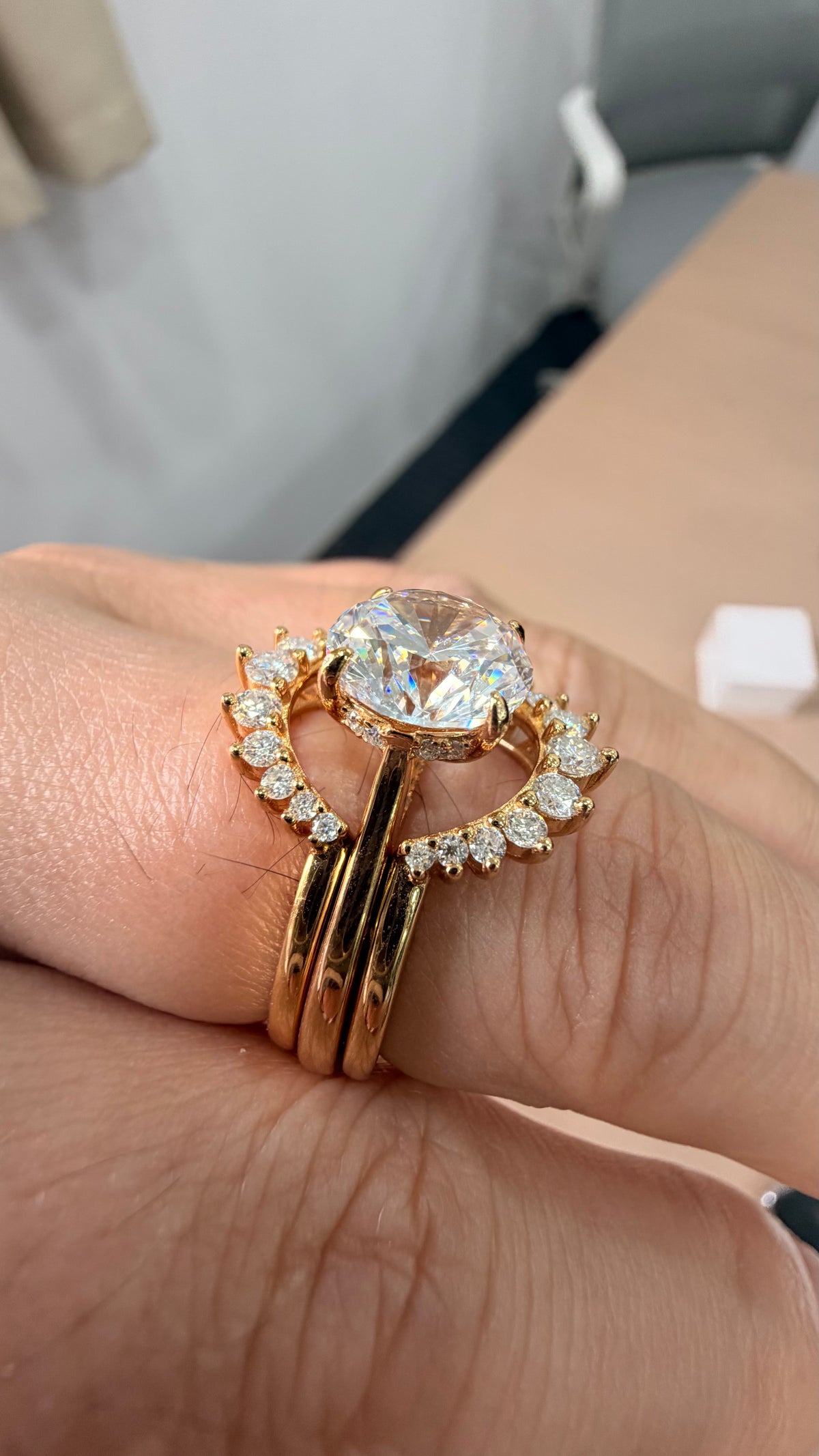 2.75ct Round cut lab grown diamond half-circle engagement stacking rings