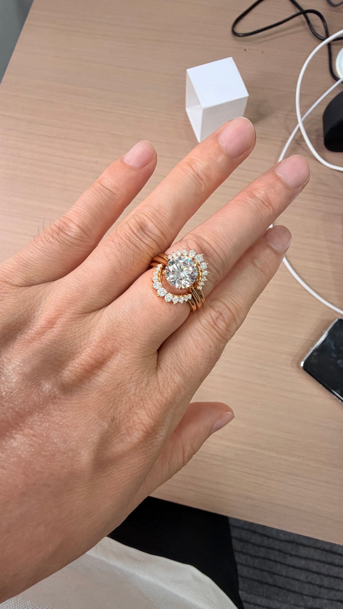 2.75ct Round cut lab grown diamond half-circle engagement stacking rings