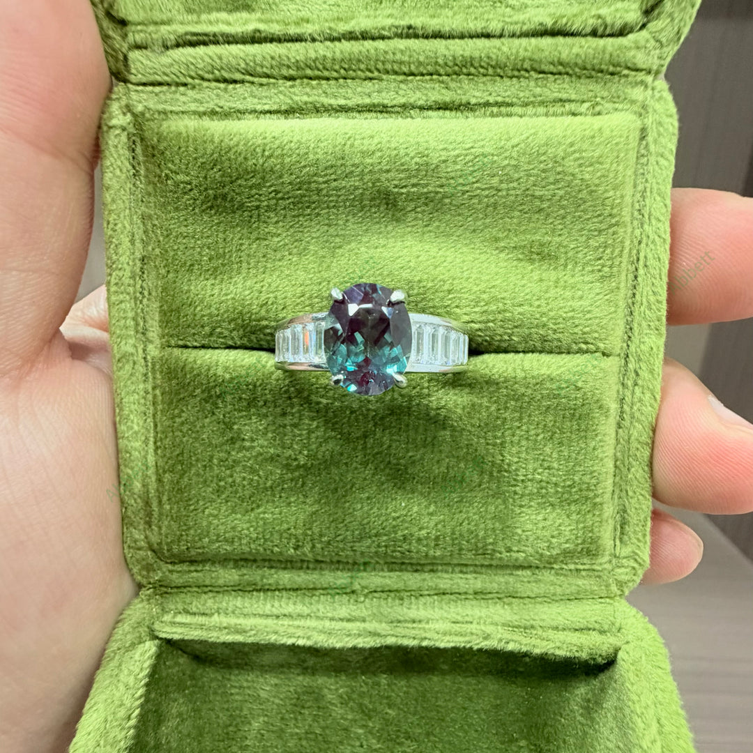 Vintage Oval Lab-Grown Alexandrite Three-Stone Ring | 3.3ct Chunky Stepped Baguette Accents
