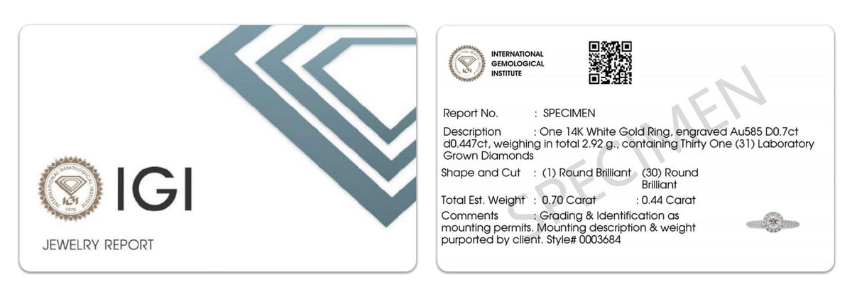 Example IGI finished-jewelry report for a laboratory-grown diamond ring