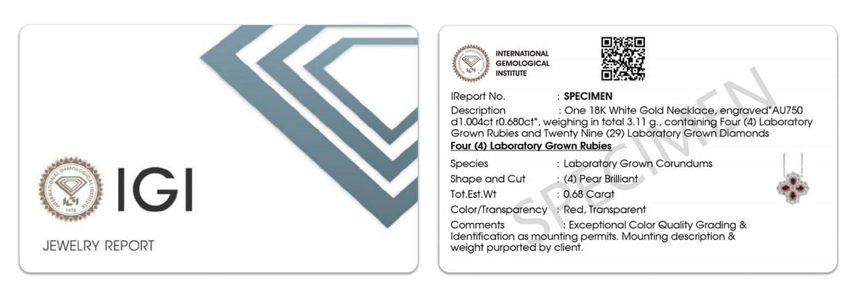 Example IGI finished-jewelry report for laboratory-grown colored gemstones