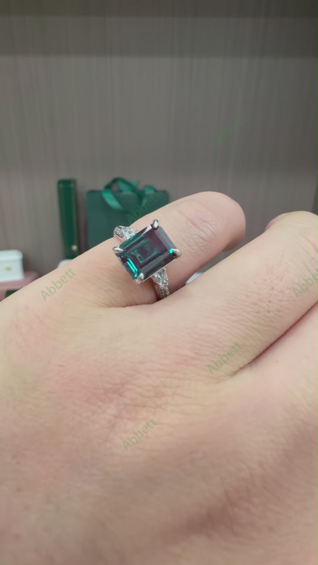 Art Deco Emerald Cut Lab-Grown Alexandrite Ring | 4.2ct Structural Solitaire with Pavé Band