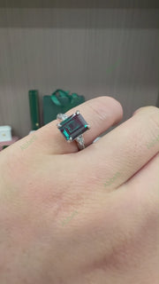 Art Deco Emerald Cut Lab-Grown Alexandrite Ring | 4.2ct Structural Solitaire with Pavé Band