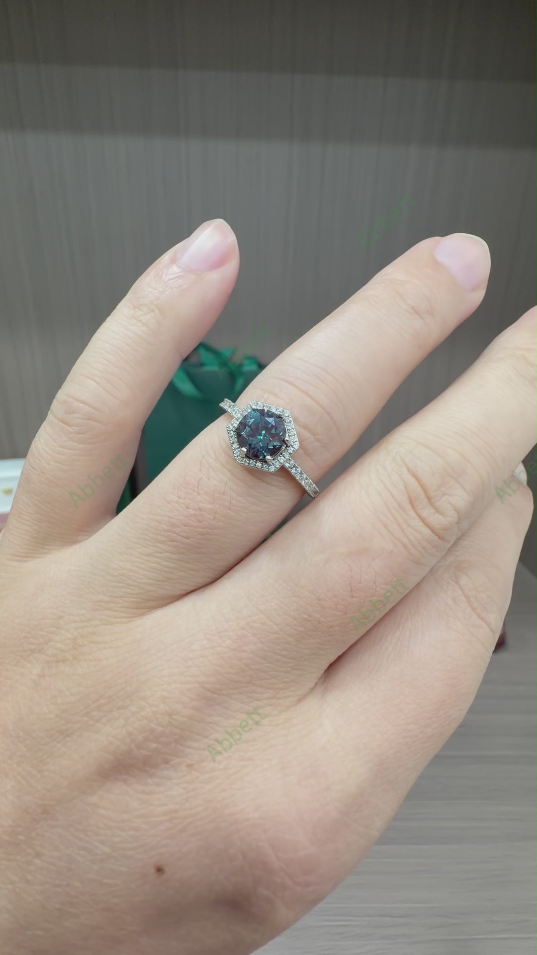 Geometric Hexagonal Lab-Grown Alexandrite Halo Ring | 1.25ct Round Cut Vintage Silhouette