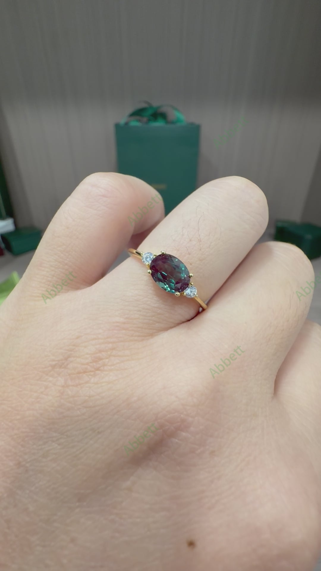Horizontal East-West Lab Alexandrite Ring 1.5ct Oval Cut 6x8mm Diamond Accented Band Ring