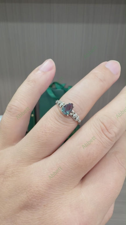 Dainty Pear Cut Lab-Grown Alexandrite Ring | 0.85ct Asymmetric Diamond Accent Solitaire