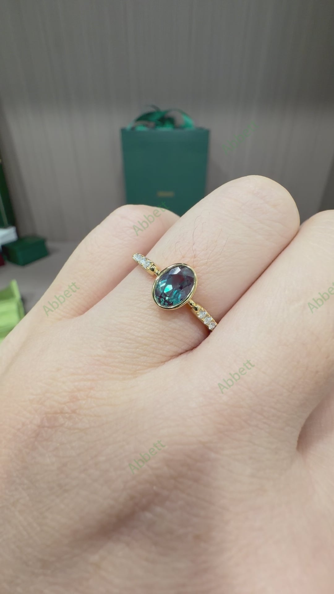 Low Profile Bezel Lab Alexandrite Ring 1.0ct Oval 5x7mm Sleek Diamond Accent Band Ring