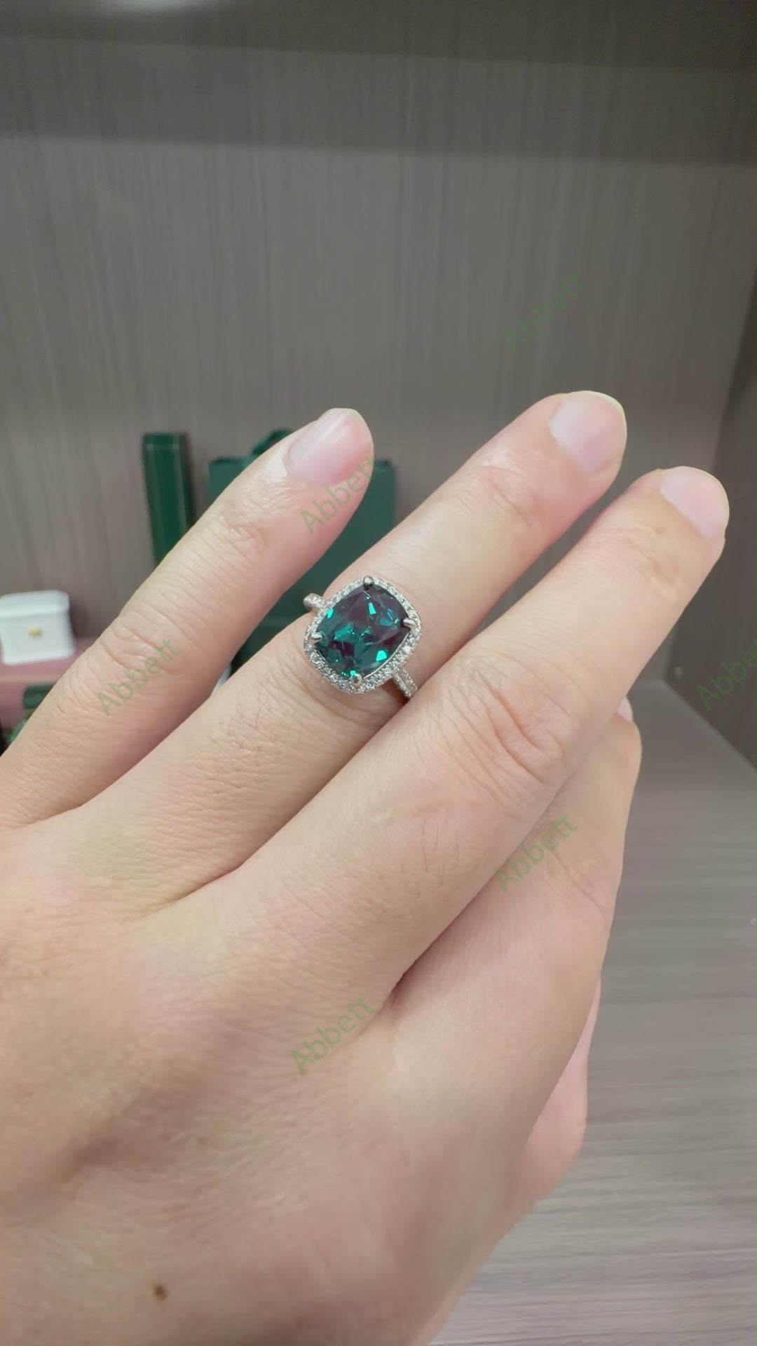 Classic Cushion Cut Lab-Grown Alexandrite Halo Ring | 3.74ct Shimmering Pavé Band Engagement Ring