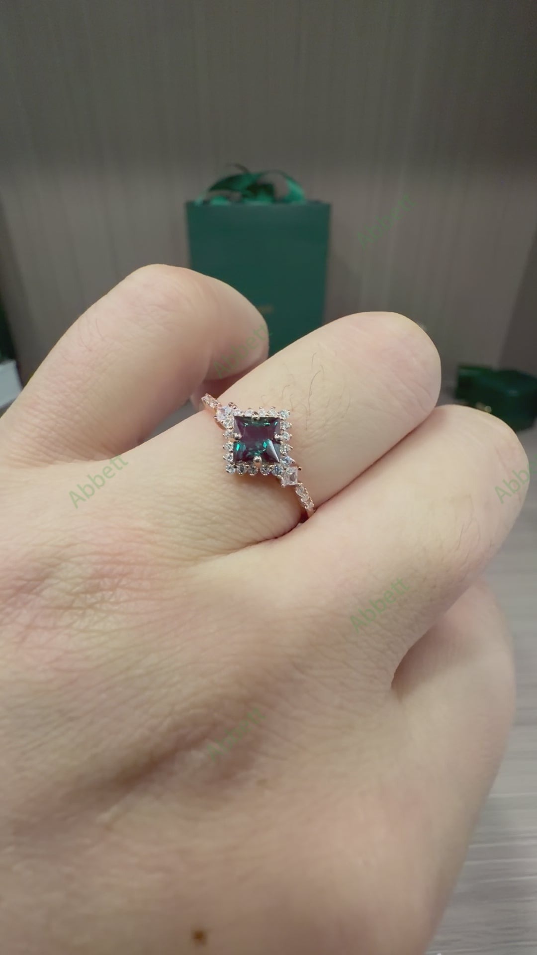 Princess Cut Lab Alexandrite Ring 0.8ct Geometric Square Diamond Halo Engagement Ring