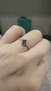 Princess Cut Lab Alexandrite Ring 0.8ct Geometric Square Diamond Halo Engagement Ring