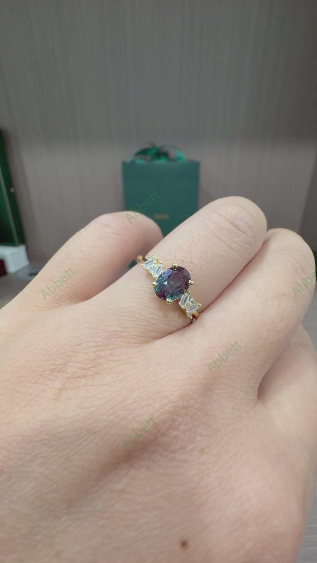 Art Deco Lab Grown Alexandrite Ring 1.5ct Oval Cut with Baguette & Round Diamond Accents
