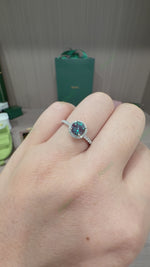 Load and play video in Gallery viewer, Round Lab Grown Alexandrite Ring 1.3ct Brilliant Cut with Diamond Halo &amp; Full Pavé Band