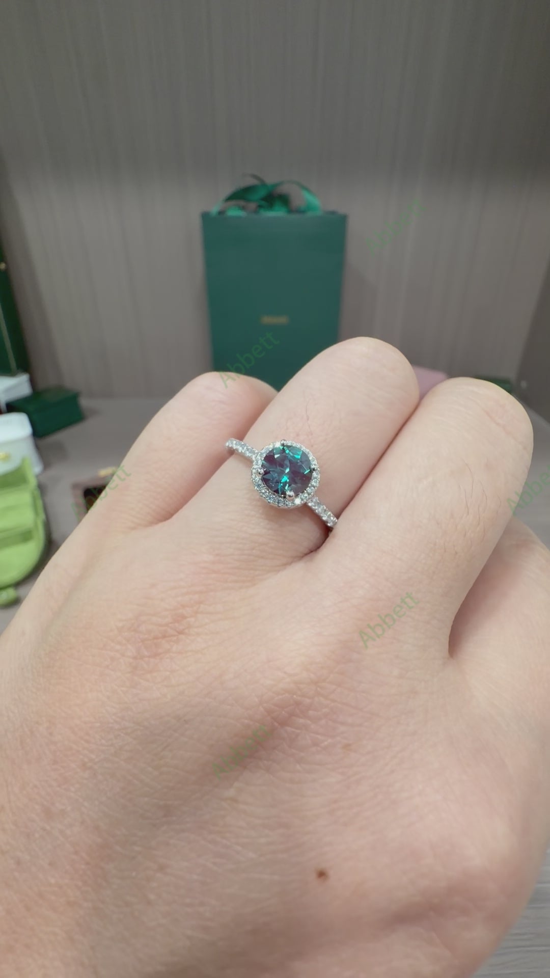 Round Lab Grown Alexandrite Ring 1.3ct Brilliant Cut with Diamond Halo & Full Pavé Band