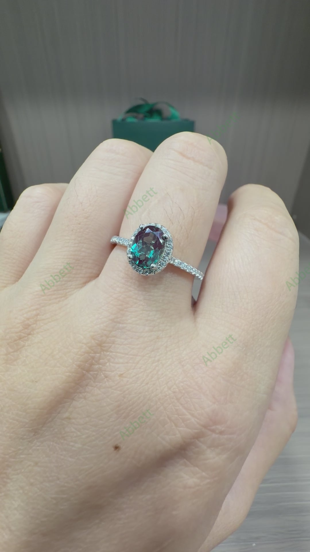 Oval Lab Grown Alexandrite Ring 1.5ct Color-Change Gemstone Ring with Diamond Halo & Full Pavé Band