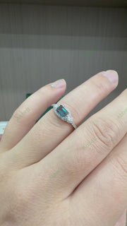 Dainty Emerald Cut Lab-Grown Alexandrite Micro-Halo Ring | 0.66ct Delicate Vintage Wedding Band
