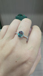 Load and play video in Gallery viewer, Oval Lab Grown Alexandrite Ring | 1.5ct Color-Change Gemstone Ring with Diamond Halo &amp; Full Pavé Band
