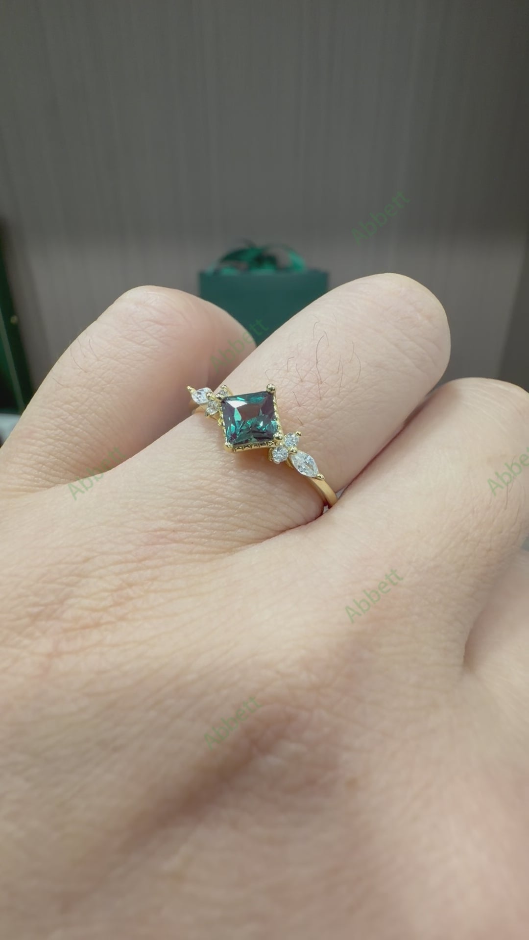 Princess Cut Lab Grown Alexandrite Ring 0.8ct Square Milgrain & Diamond Accent Engagement Ring