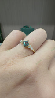 Princess Cut Lab Grown Alexandrite Ring 0.8ct Square Milgrain & Diamond Accent Engagement Ring