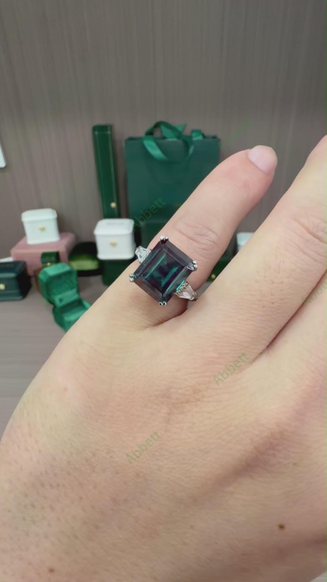 Statement Emerald Cut Lab-Grown Alexandrite Ring | 7.5ct Vintage Three-Stone with Trapezoid Diamond Accents