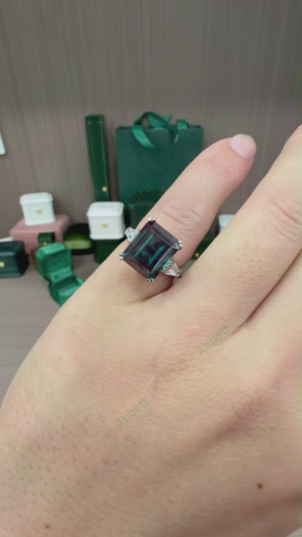 Statement Emerald Cut Lab-Grown Alexandrite Ring | 7.5ct Vintage Three-Stone with Trapezoid Diamond Accents